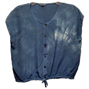 Ali Golden Women's Blue Tie Dye Button-Down Boxy Raw Silk Blouse - One Size